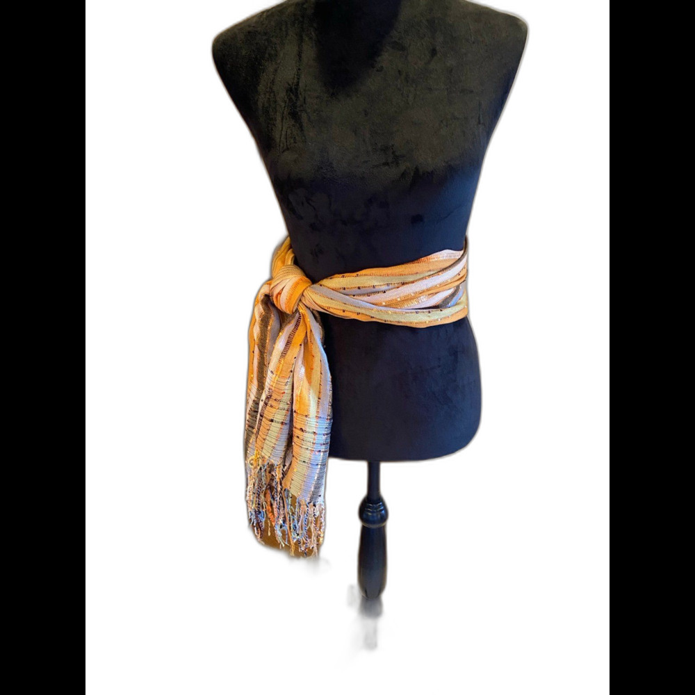 Scarf or Belt  Gold &  Brown Long Lightweight  very pretty‎ w/ fringed ends
